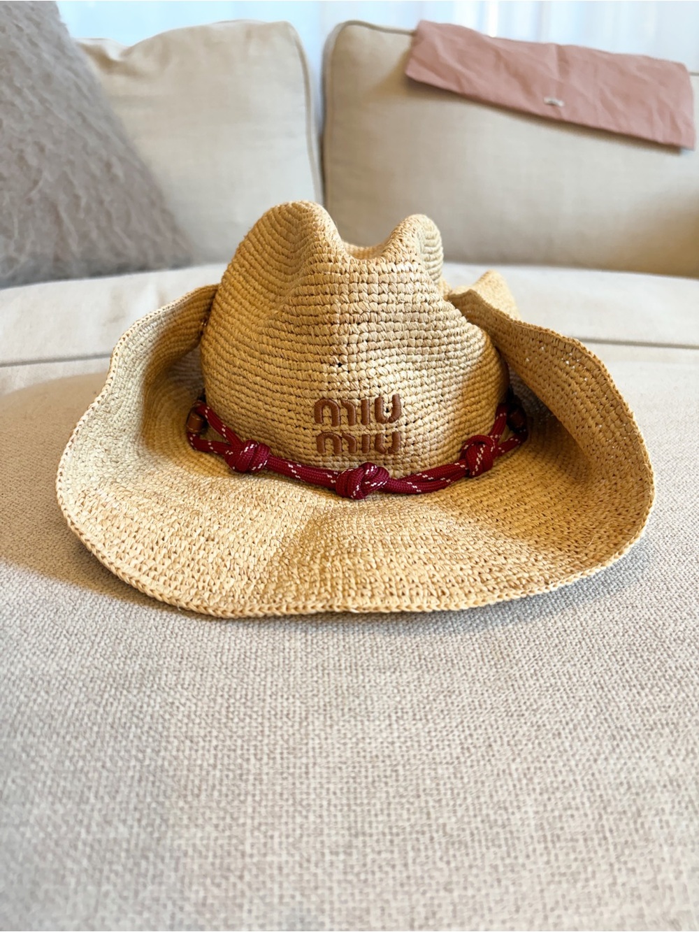 MIU MIU NWT Logo Straw Flap Raffia Cowboy Hat Size Small
